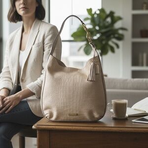 Coach Avery embossed croc leather slouchy hobo shoulder bag beige stone